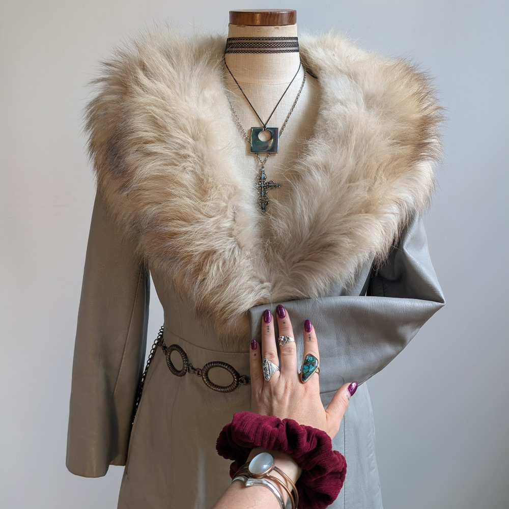 Vintage Leather Penny Lane Coat Grey Cream Fur Trim Trench Afghan Jacket Medium - Picture 4 of 12